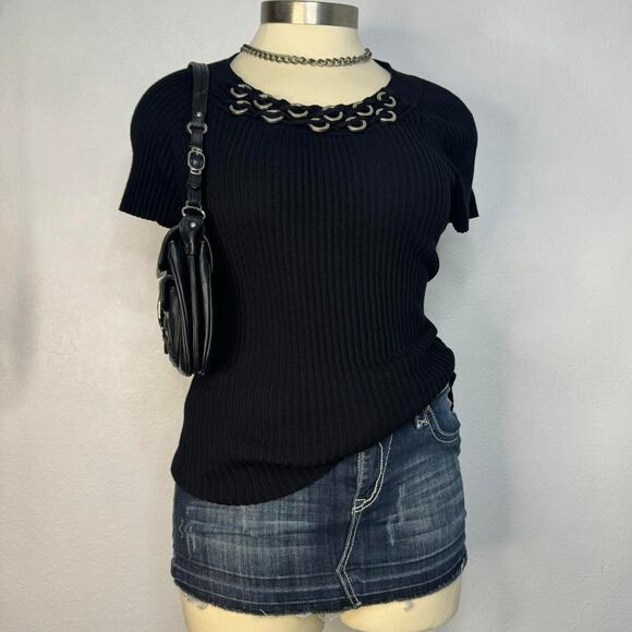00s Ribbed Black Short Sleeve Top Shirt Grommets Size Large R.Q.T - Picture 1 of 7